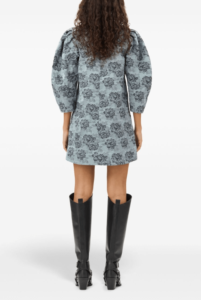 (W) Ganni Floral Jacquard A-Line Mini Dress Illusion Blue