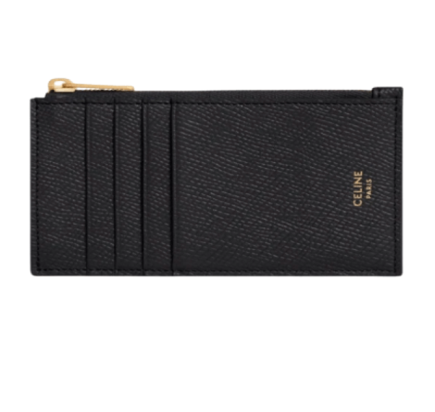 Celine Essentials Zipped Compact Card Holder in Grained Calfskin Black