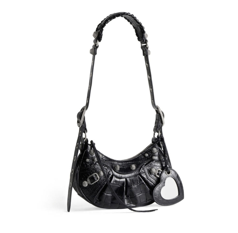 Balenciaga Rhinestones Crocodile Embossed Le Cagole XS Shoulder Bag Black