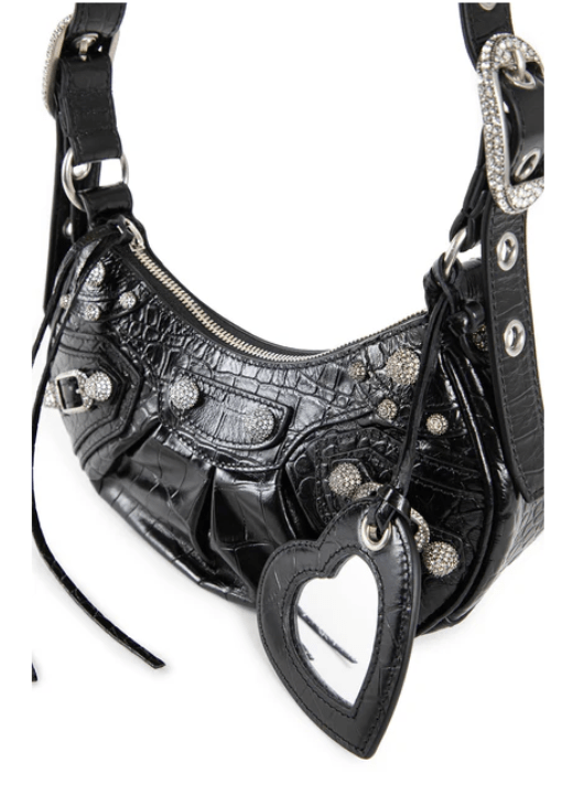 Balenciaga Rhinestones Crocodile Embossed Le Cagole XS Shoulder Bag Black