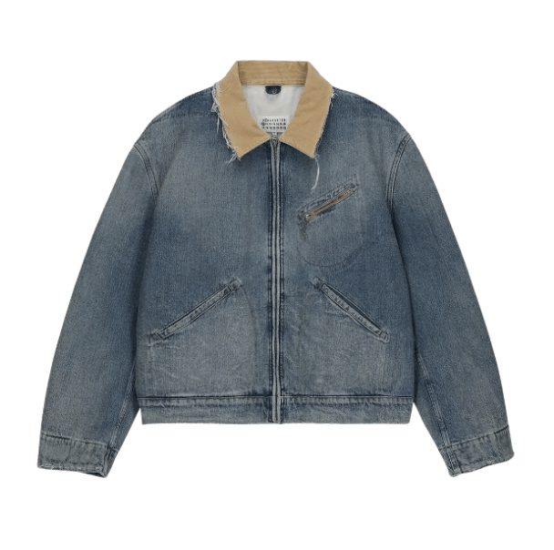 Backstitch distressed collar denim jacket