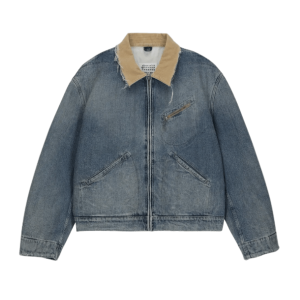 Backstitch distressed collar denim jacket