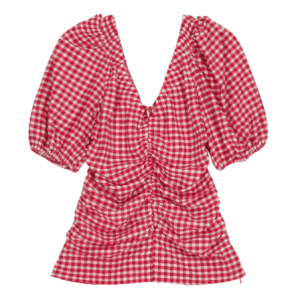 Gingham Check Seersucker Gathered Shirt - Red 
