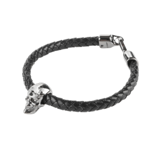 Alexander McQueen Silver Skull Leather Bracelet Black