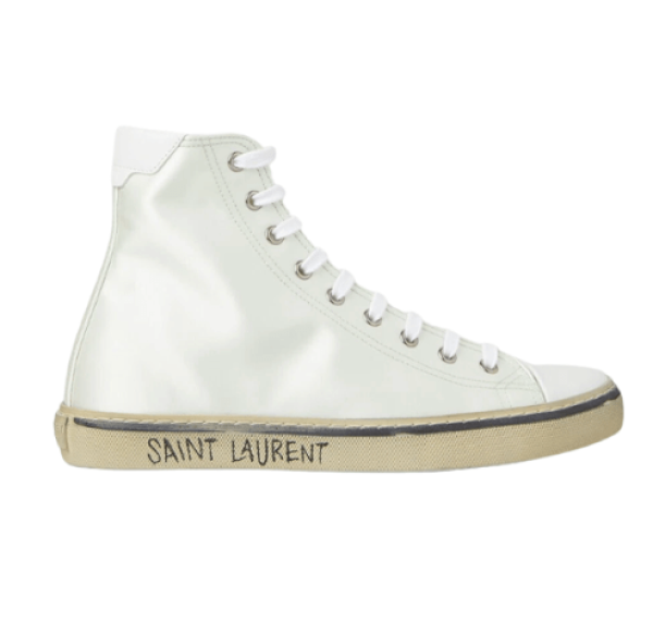 (W) Saint Laurent Malibu Mid-Top Sneakers in Crepe Satin and Smooth Leather White