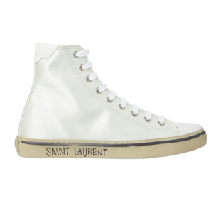 (W) Saint Laurent Malibu Mid-Top Sneakers in Crepe Satin and Smooth Leather White