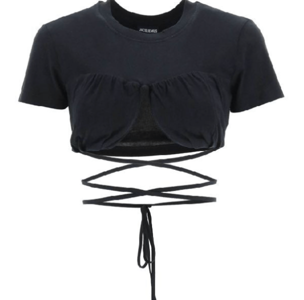 (W) Jacquemus Le T-Shirt Baci Gathered Bra T-Shirt Black