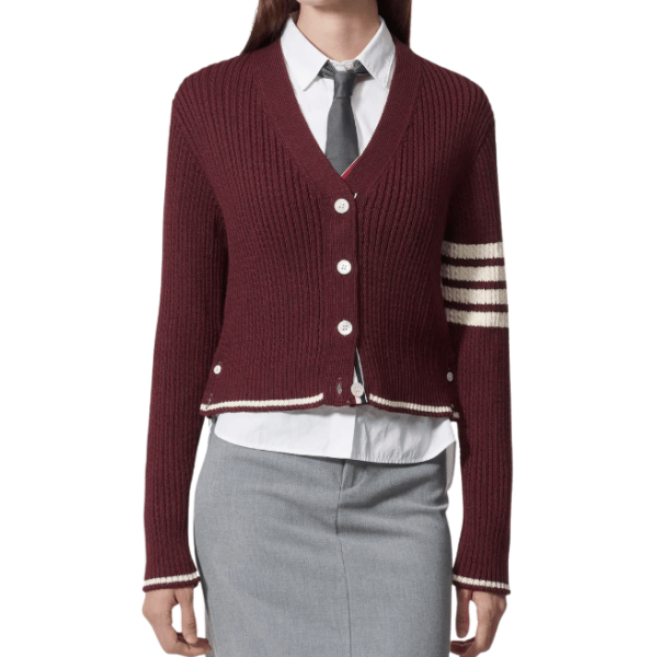 Stripe Detail Cable Cardigan - Dark Red