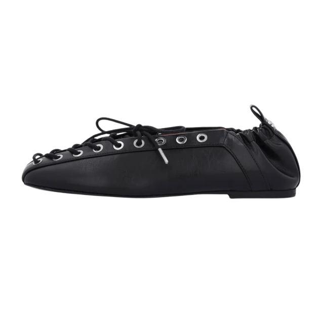 Ilet Lace-Up Ballerina Flat Shoes - Black