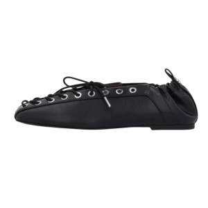 Ilet Lace-Up Ballerina Flat Shoes - Black