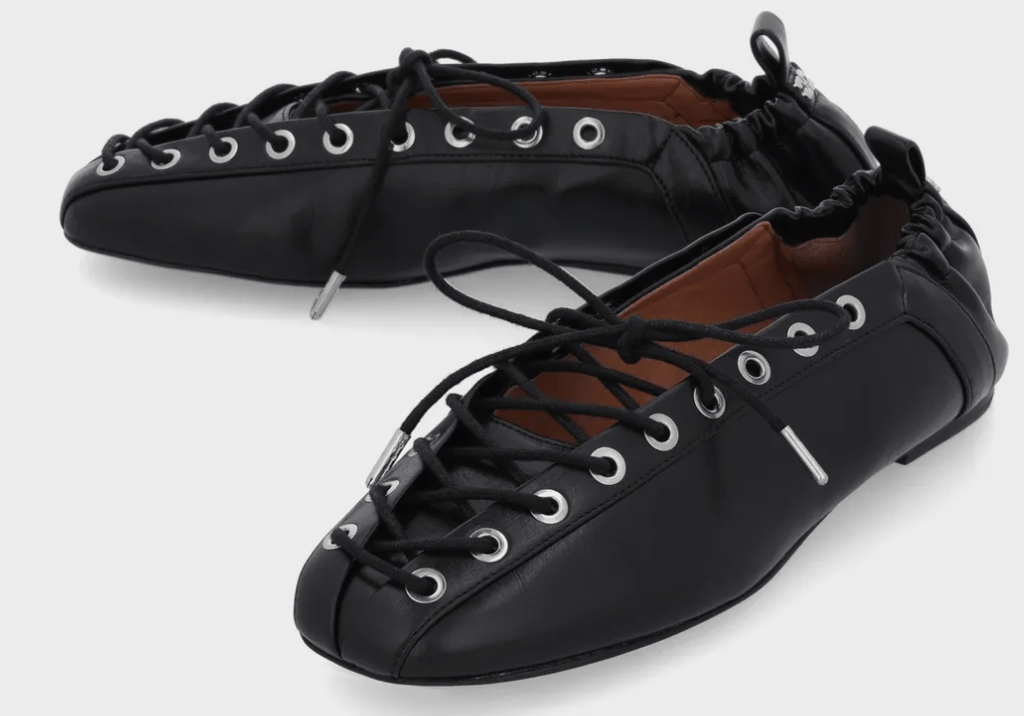 Ilet Lace-Up Ballerina Flat Shoes - Black