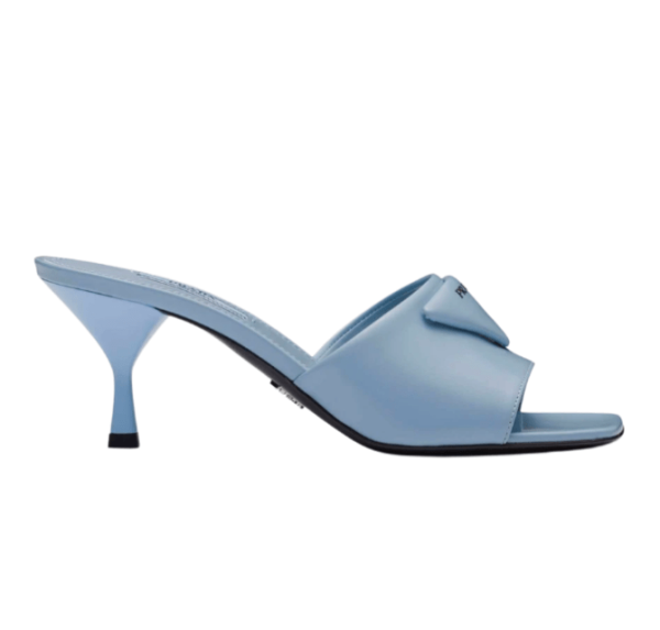 (W) Prada Brushed Leather Heeled Slide Celeste