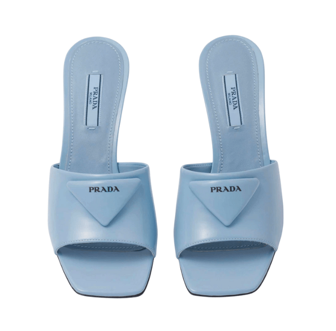 (W) Prada Brushed Leather Heeled Slide Celeste