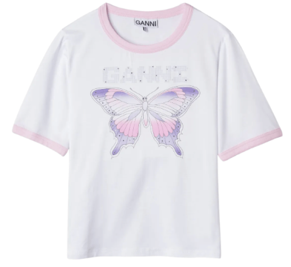 Ganni Butterfly Print Short-Sleeve T-Shirt - White