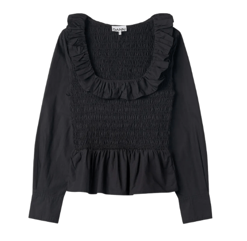 Ganni Cotton Poplin Open-Neck Smocked Shirt - Black 