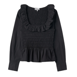 Ganni Cotton Poplin Open-Neck Smocked Shirt - Black 