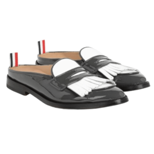 (W) Thom Browne Black and White Leather Penny Loafer Mules 