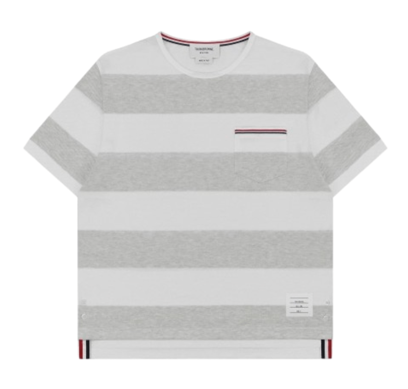 Thom Browne Rugby Stripe Pique Oversized Pocket T-Shirt Pale Grey White