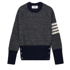 (W) Thom Browne Tuck Stitch Raglan Sleeve in Donegal 4-Bar Stripe Pullover Crewneck Navy