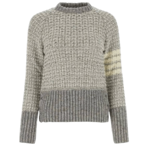 (W) Thom Browne Tuck Stitch Raglan Sleeve in Donegal 4 Bar Stripe Pullover Crewneck Light Grey