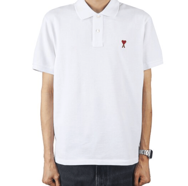 AMI Chain Stitch Heart Logo Loopback Organic Cotton Short-Sleeve Polo 