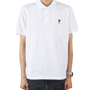 AMI Chain Stitch Heart Logo Loopback Organic Cotton Short-Sleeve Polo 