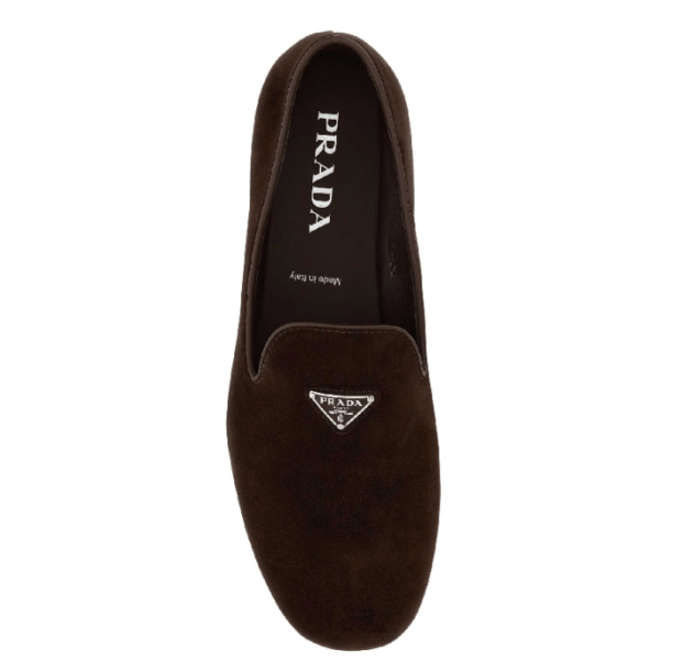 Prada Triangle Logo Suede Loafers Dark Brown
