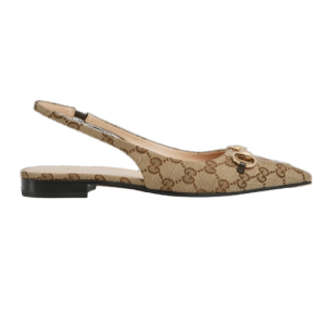 (W) Gucci Horsebit Slingback Ballet Flat Beige Ebony Original GG Canvas