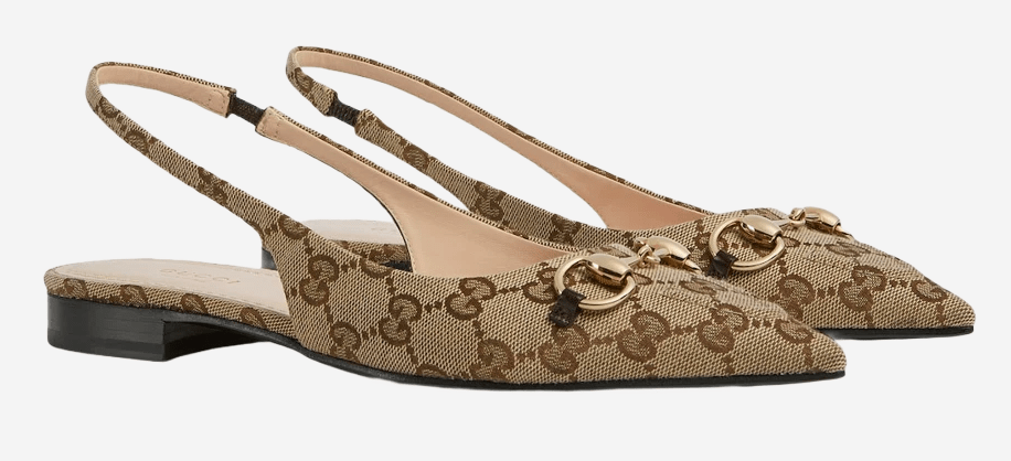 (W) Gucci Horsebit Slingback Ballet Flat Beige Ebony Original GG Canvas