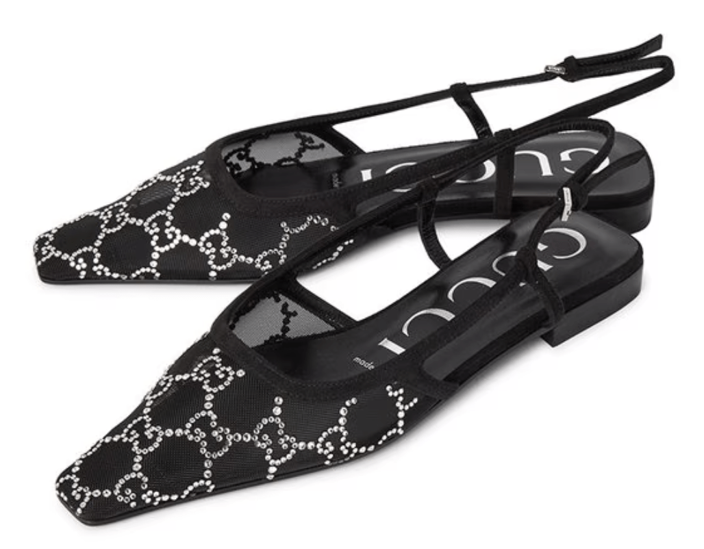(W) Gucci GG Slingback Ballet Flat Black Mesh with Crystals