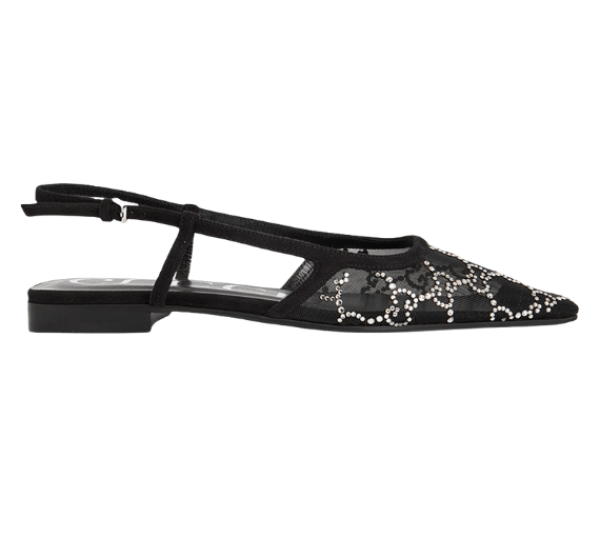 (W) Gucci GG Slingback Ballet Flat Black Mesh with Crystals
