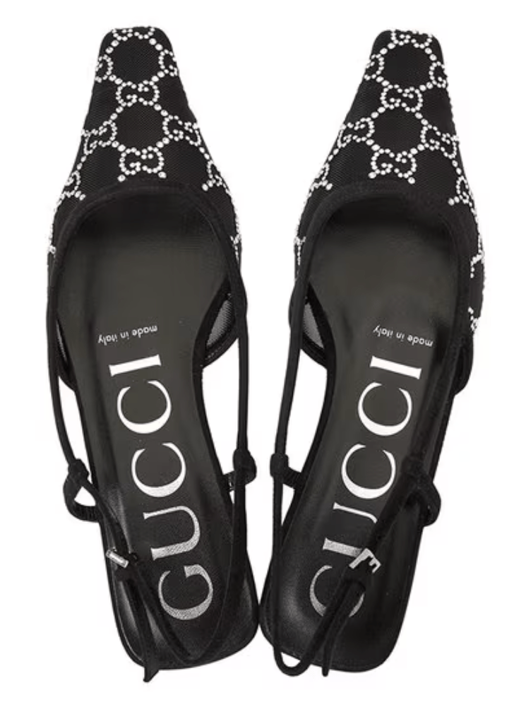 (W) Gucci GG Slingback Ballet Flat Black Mesh with Crystals