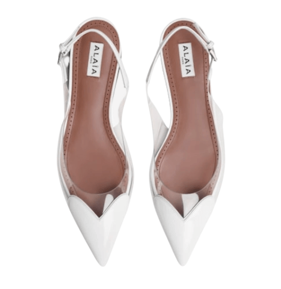 (W) Alaia Le Cœur Slingback Flats in Patent Calfskin White