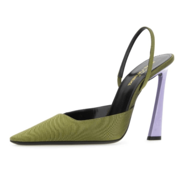 (W) Saint Laurent Blade Slingback Pumps in Shantung and Patent Leather Khaki Gold And Lilas
