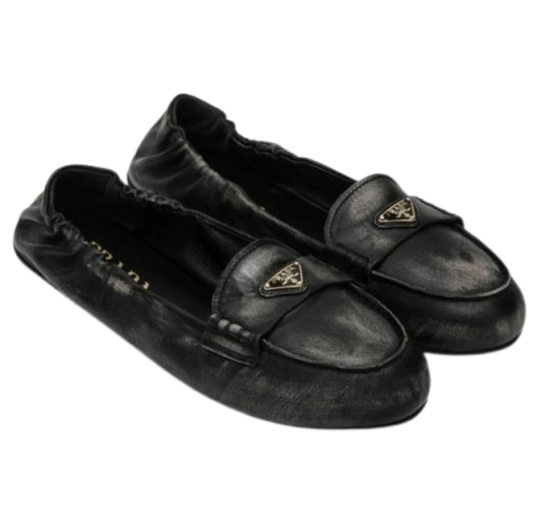 PRADA Triangle Logo Vintage-Effect Leather Loafers