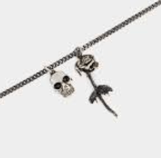 Antique Silver Skull & Dipped Rose Necklace