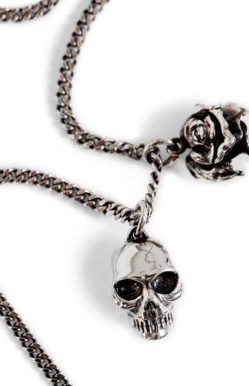 Antique Silver Skull & Dipped Rose Necklace