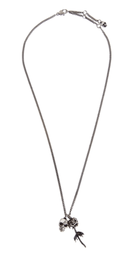 Antique Silver Skull & Dipped Rose Necklace