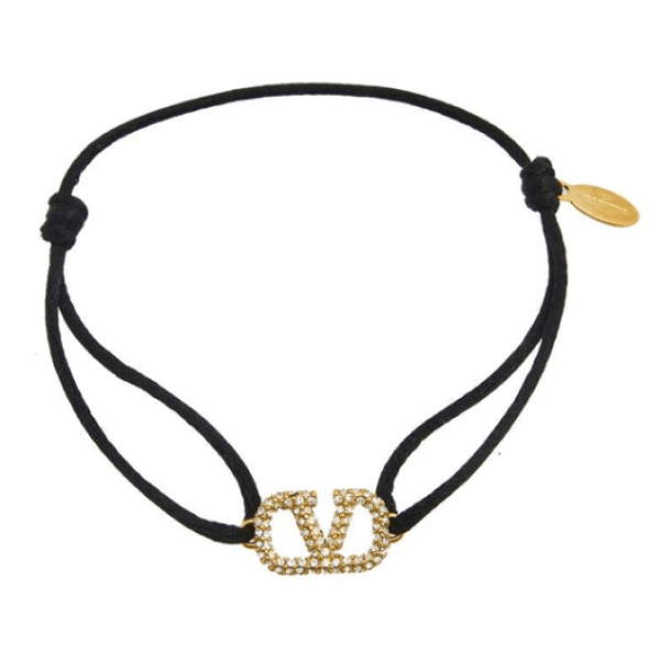 Valentino Vlogo Signature Bracelet in Cotton and Swarovski Crystals Black