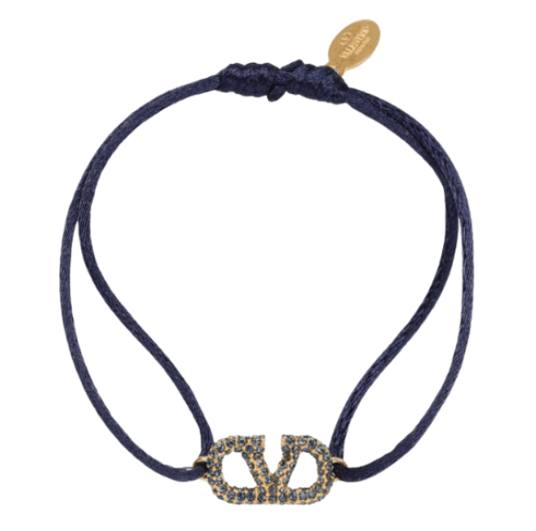 Valentino Vlogo Signature Bracelet in Cotton and Swarovski Crystals Navy