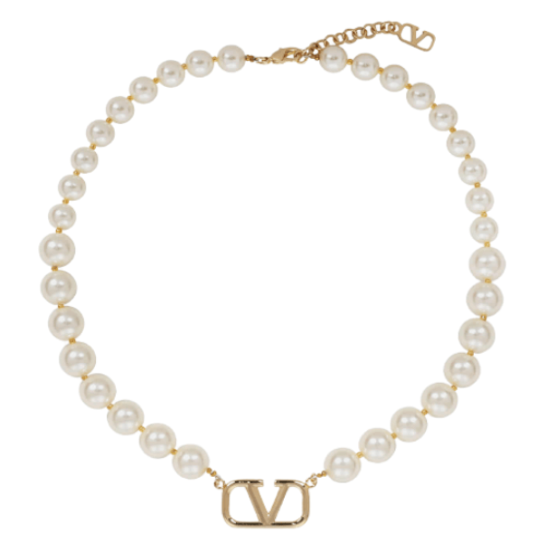 (W) Valentino Vlogo Signature Metal Necklace with Swarovski Pearls Gold