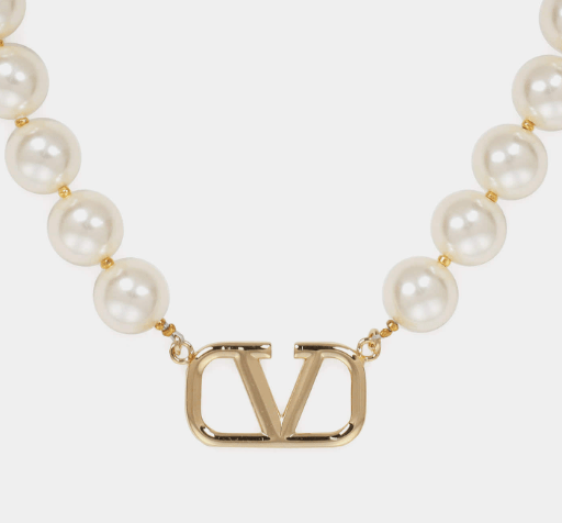 (W) Valentino Vlogo Signature Metal Necklace with Swarovski Pearls Gold