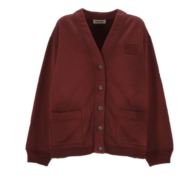 MIU MIU GARMENT-DYED COTTON FLEECE CARDIGAN AMARANTH RED/MAIZE YELLOW