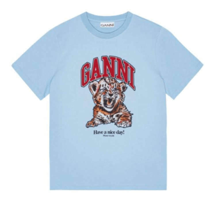 (W) Ganni Logo Graphic Cotton T-Shirt Skyblue