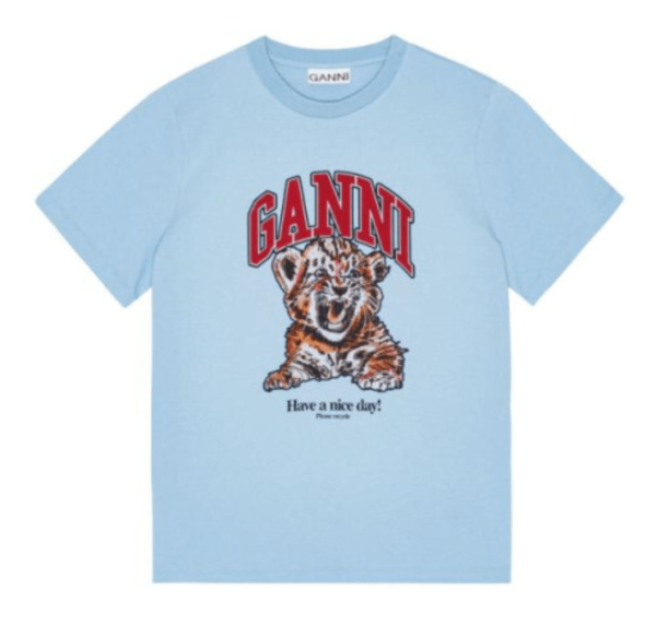 (W) Ganni Logo Graphic Cotton T-Shirt Skyblue