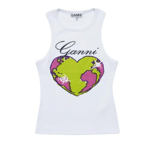 (W) Ganni Graphic Rib Heart Tank Top Bright White