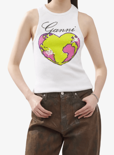 (W) Ganni Graphic Rib Heart Tank Top Bright White
