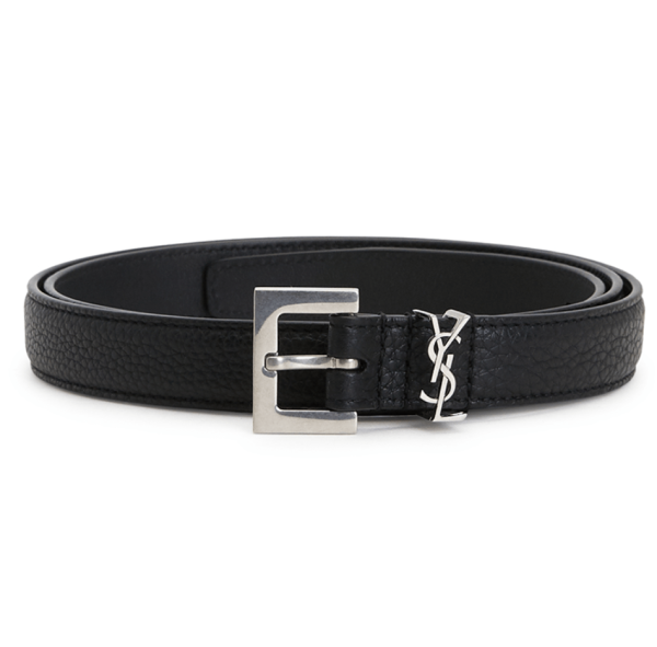Saint Laurent Grained Leather Silver Monogram Slim Belt Black