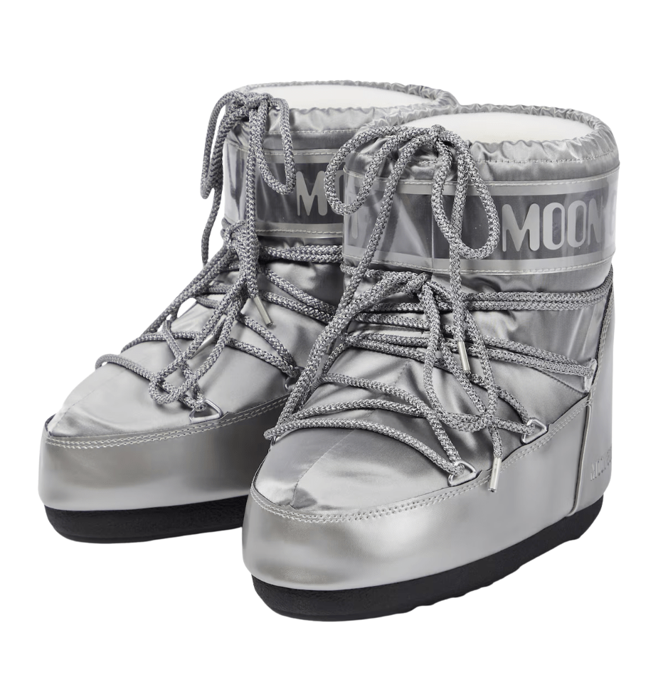 MOON BOOT]ICON LOW GLANCE SILVER SATIN BOOTS 