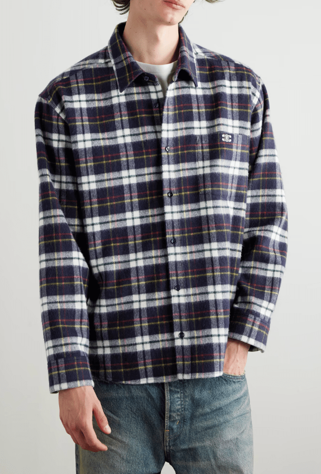 CELINE HOMME Logo-Embroidered Checked Wool-Flannel Shirt 